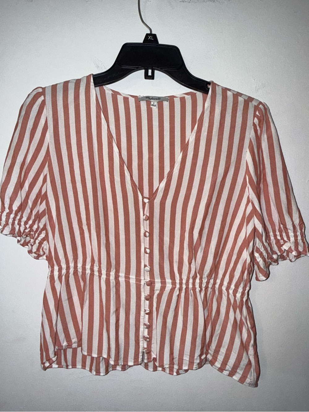 MADEWELL | Size S | Rust and White Striped Button-Front Peplum Blouse